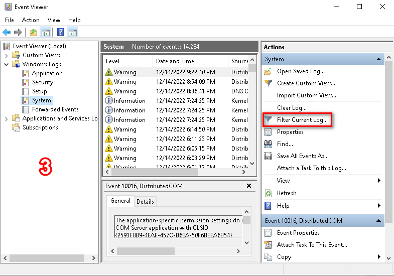 filter current log windows