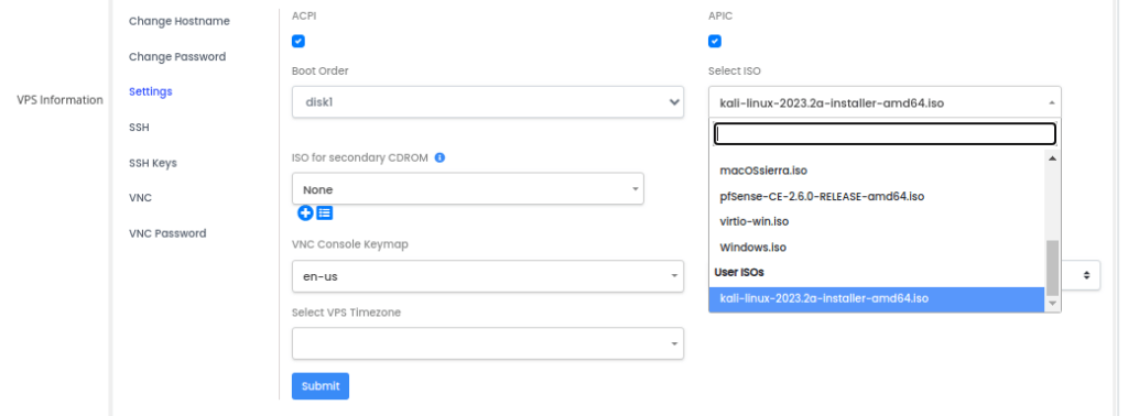 load Kali Linux ISO on VPS